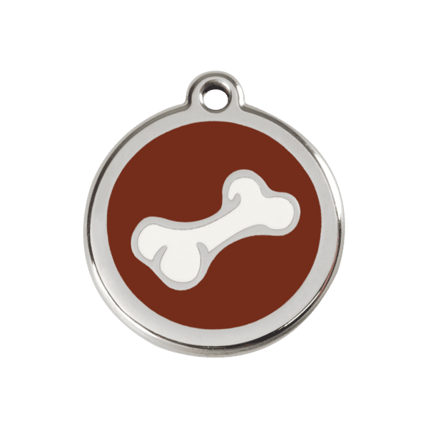 Vue avant - Médaille personnalisée pour chien Red Dingo en émail et acier inoxydable - Os brun - Taille M