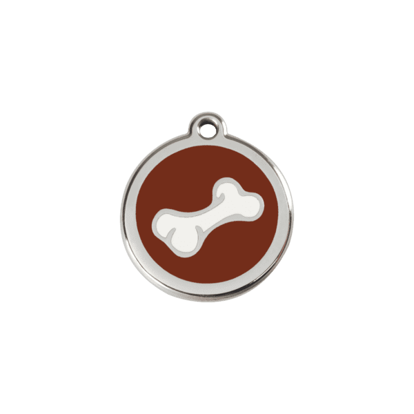 Vue avant - Médaille personnalisée pour chien/chat Red Dingo - Os brun en émail et acier inoxydable - Taille S