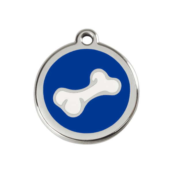 Vue avant - Médaille personnalisée pour chien en émail et acier inoxydable - Red Dingo - Os bleu foncé - Taille M