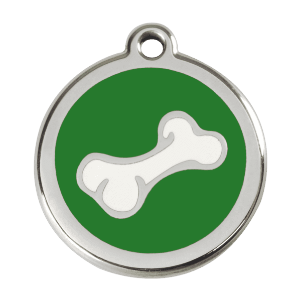 Vue avant - Médaille personnalisée pour chien en émail et acier inoxydable - Os vert - Red Dingo