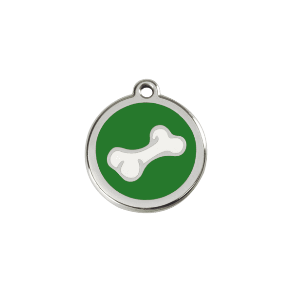 Vue avant - Médaille personnalisée pour chien/chat Red Dingo Émail et acier inoxydable - Os vert - Taille S