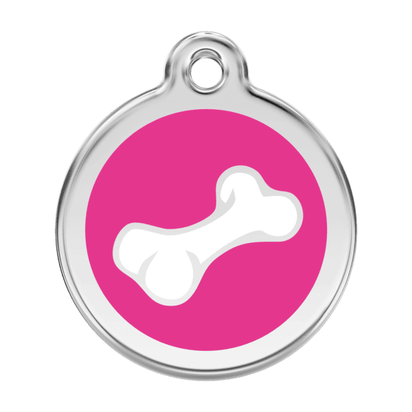 Vue avant - Médaille personnalisée pour chien en émail et acier inoxydable - Os rose vif - Red Dingo