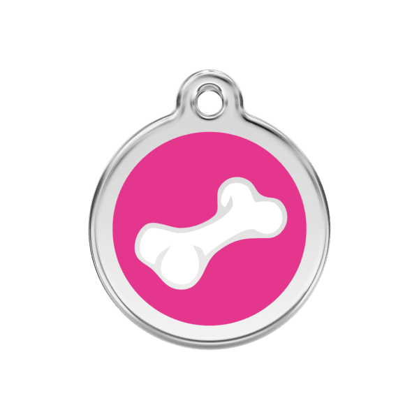 Vue avant - Médaille personnalisée pour chien Red Dingo Émail et acier inoxydable Os rose vif - Taille M