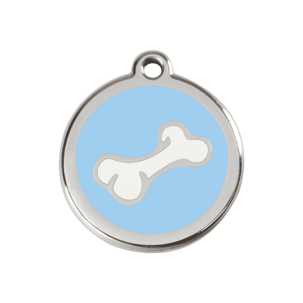 Vue avant - Médaille personnalisable pour chien en émail et acier inoxydable - Os bleu clair - Red Dingo