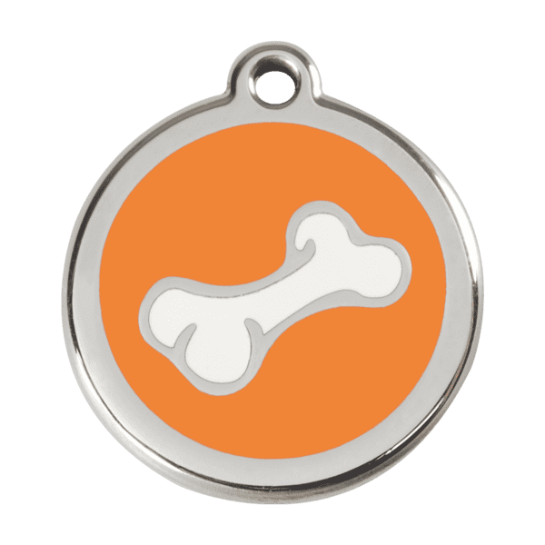 Vue avant - Médaille personnalisée pour chien Red Dingo en émail et acier inoxydable - Os orange - Taille L