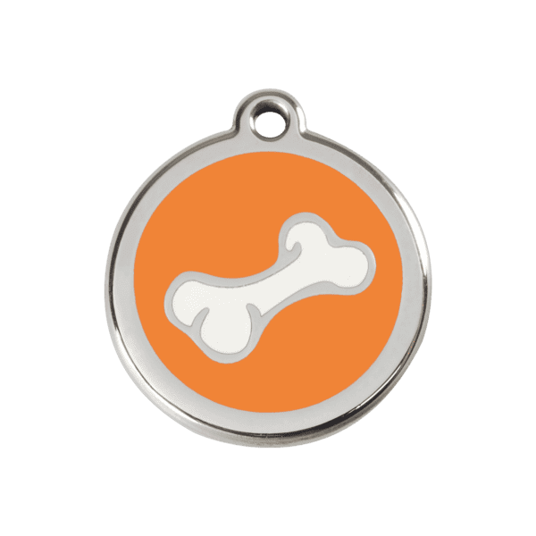 Vue avant - Médaille personnalisée pour chien/chat Red Dingo Émail/Acier Inoxydable Os Orange 30mm - 01-BO-OR-ME