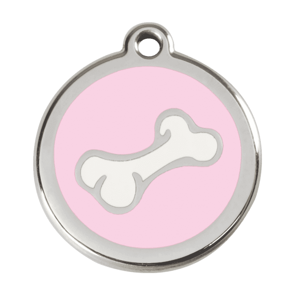 Vue avant - Médaille personnalisée pour chien Red Dingo Émail et acier inoxydable Os rose - Taille L