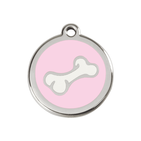 Vue avant - Médaille personnalisée pour chien ou chat - Red Dingo Émail et acier inoxydable - Motif os rose - Taille M