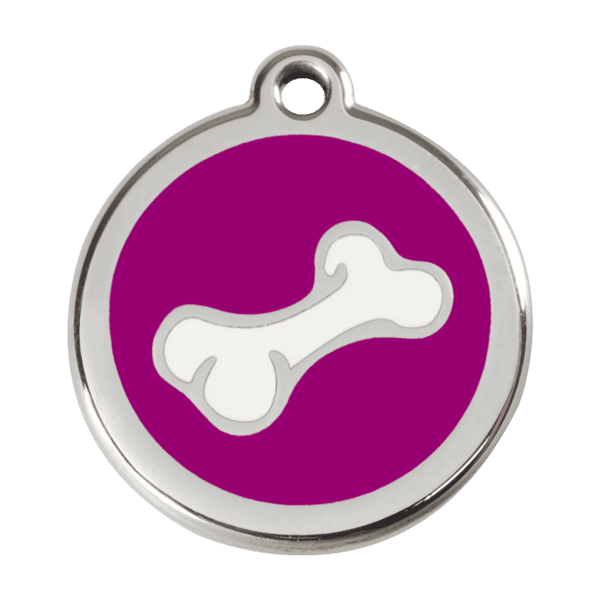 Vue avant - Médaille personnalisée pour chien - Red Dingo Émail et acier inoxydable - Os violet - Taille L