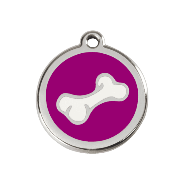 Vue avant - Médaille personnalisée pour chien/chat Red Dingo Émail/Acier Inoxydable Os Violet 30mm - Marque Red Dingo