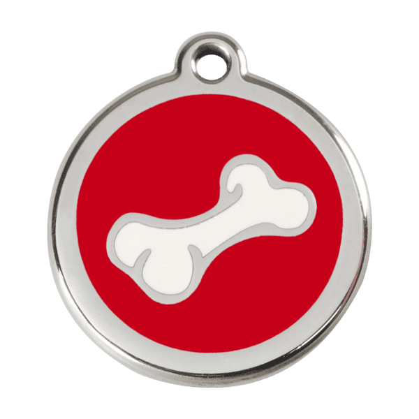 Vue avant - Médaille personnalisée pour chien Red Dingo en émail et acier inoxydable - Os rouge - Taille L