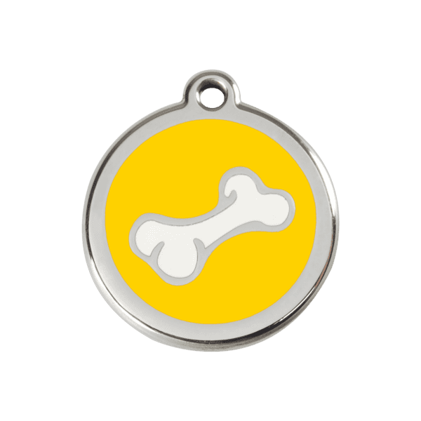 Vue avant - Médaille personnalisée pour chien ou chat - Red Dingo Émail et acier inoxydable - Motif os jaune - Taille M