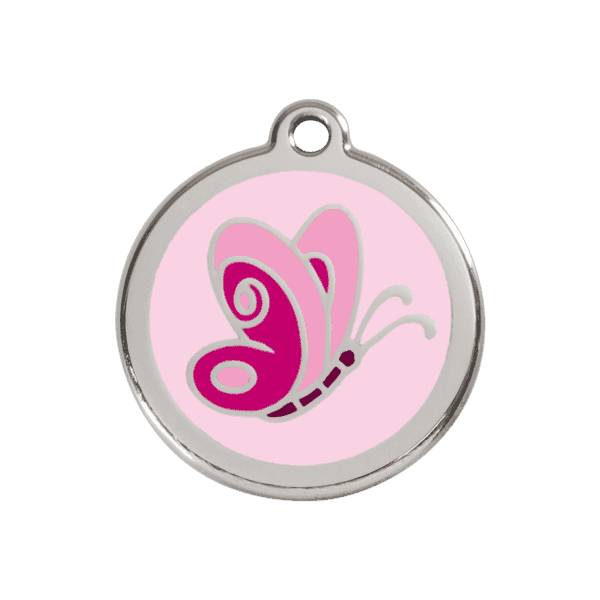 Vue avant - Médaille personnalisée pour chien/chat Red Dingo Émail/Acier inoxydable Papillon Rose 30mm