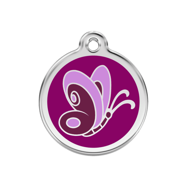 Vue avant - Médaille personnalisable pour chien Red Dingo Émail et acier inoxydable Papillon Violet 30.00mm