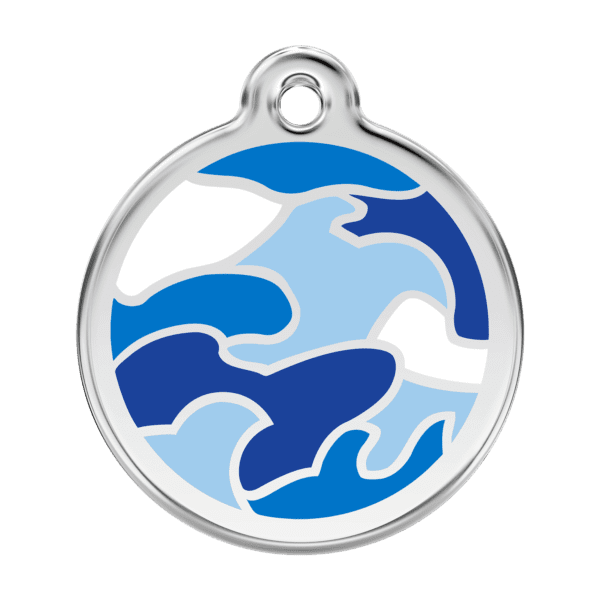 Vue avant - Médaille personnalisée pour chien Red Dingo Émail et acier inoxydable - Motif camouflage - Bleu foncé - Taille L