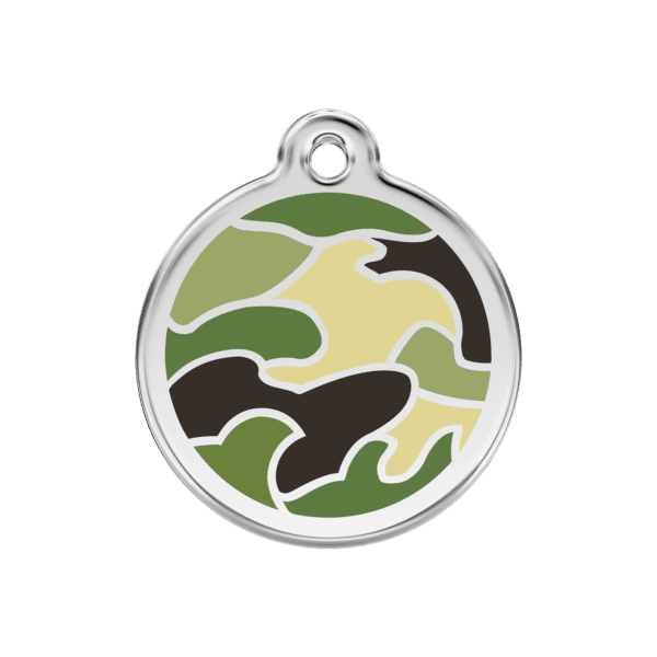 Vue avant - Médaille personnalisée pour chien Red Dingo Émail et acier inoxydable motif camouflage vert - Taille M