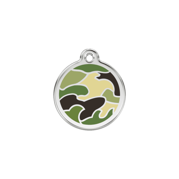 Vue avant - Médaille personnalisée pour chien/chat Red Dingo Émail et acier inoxydable - Camouflage vert - Taille S