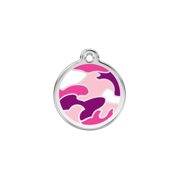 Vue avant - Médaille personnalisable en émail et acier inoxydable pour chat - Camouflage rose - Red Dingo