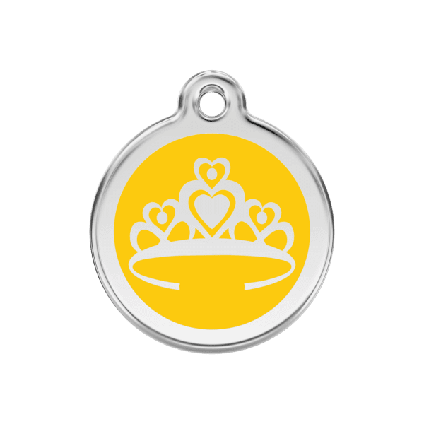 Vue avant - Médaille personnalisée pour chien ou chat - Red Dingo Émail et acier inoxydable - Couronne jaune - Taille M