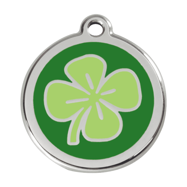 Vue avant - Médaille personnalisée pour chien Red Dingo - Trèfle vert - Taille L - Gravure incluse