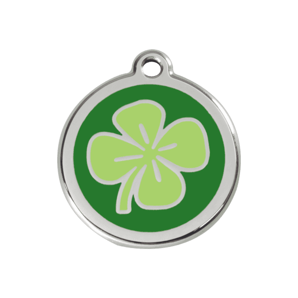 Vue avant - Médaille personnalisée pour chien/chat Red Dingo - Émail et acier inoxydable - Motif trèfle vert - Taille M