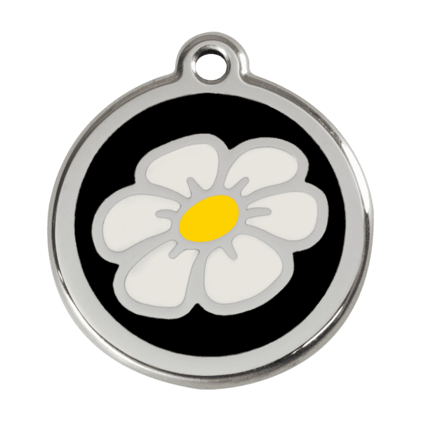 Vue avant - Médaille personnalisée pour chien - Red Dingo Émail et acier inoxydable - Motif Marguerite - Noir - Taille L