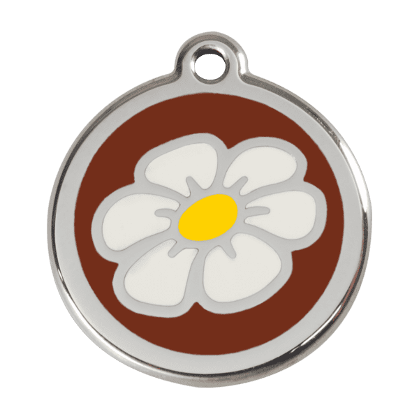 Vue avant - Médaille personnalisée pour chien Red Dingo Émail et acier inoxydable Marguerite Brun Taille L