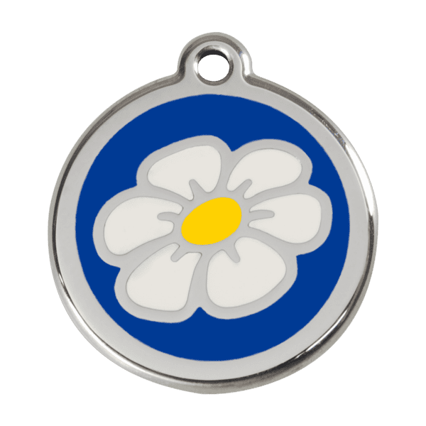 Vue avant - Médaille personnalisée pour chien - Red Dingo Émail et acier inoxydable Marguerite Bleu foncé - Taille L