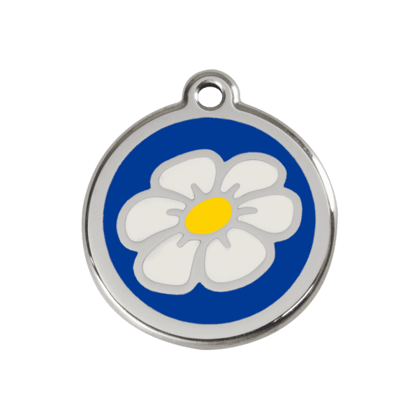 Vue avant - Médaille personnalisée pour chien/chat Red Dingo Émail/Acier inoxydable Marguerite Bleu foncé 30mm