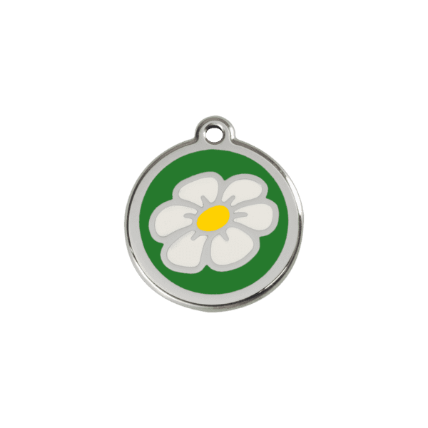 Vue avant - Médaille personnalisée pour chien/chat - Marguerite verte en émail et acier inoxydable - Red Dingo - Taille S