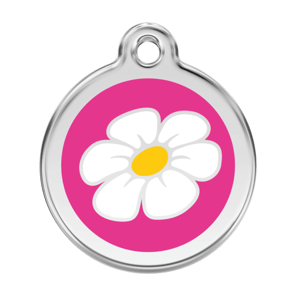 Vue avant - Médaille personnalisée pour chien Red Dingo Marguerite Rose vif - Taille L - 01-DA-HP-LG