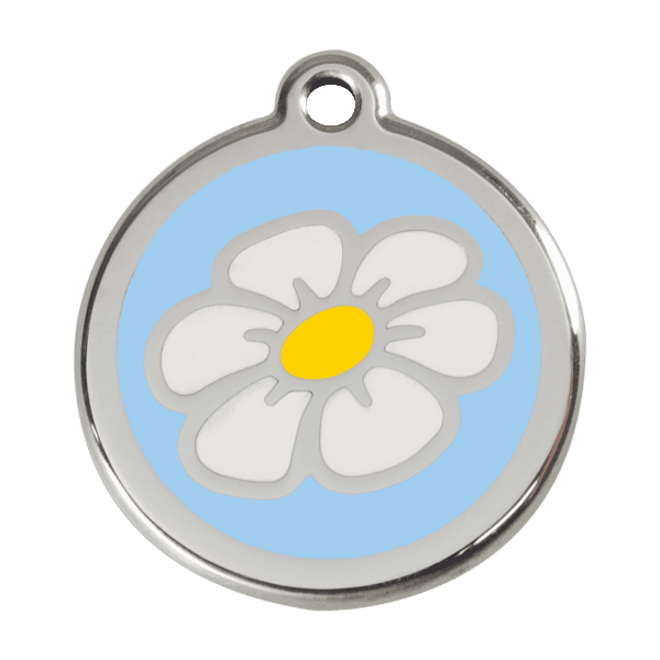 Vue avant - Médaille personnalisée pour chien Red Dingo Émail et acier inoxydable Marguerite Bleu clair - Taille L