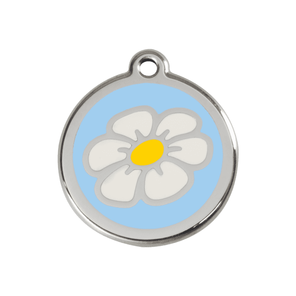 Vue avant - Médaille personnalisée pour chien ou chat - Red Dingo Émail et acier inoxydable Marguerite Bleu clair 30.00mm