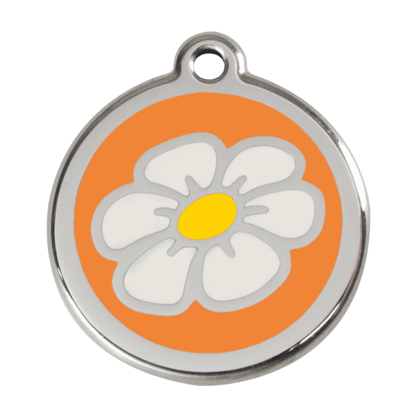 Vue avant - Médaille personnalisée pour chien - Red Dingo Émail et acier inoxydable Marguerite Orange L