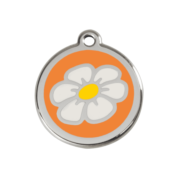 Vue avant - Médaille personnalisée pour chien/chat Red Dingo Émail Marguerite Orange 30mm