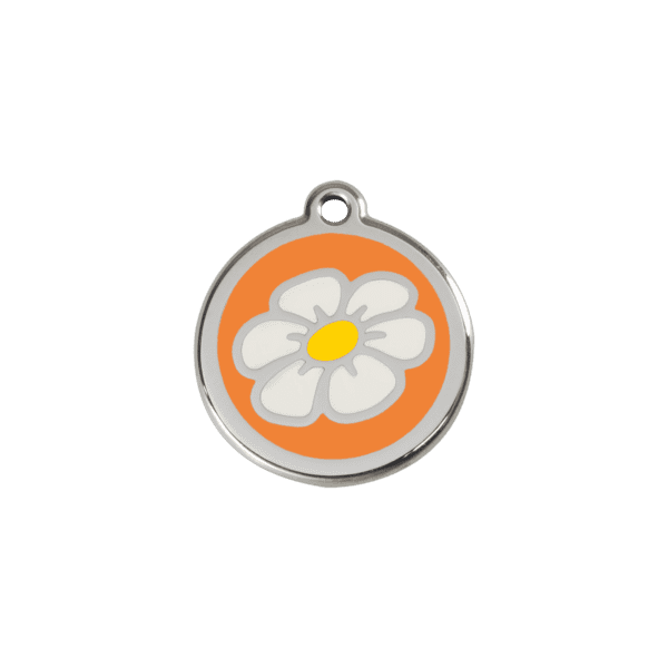 Vue avant - Médaille personnalisée pour chat en émail et acier inoxydable - Marguerite orange - Red Dingo