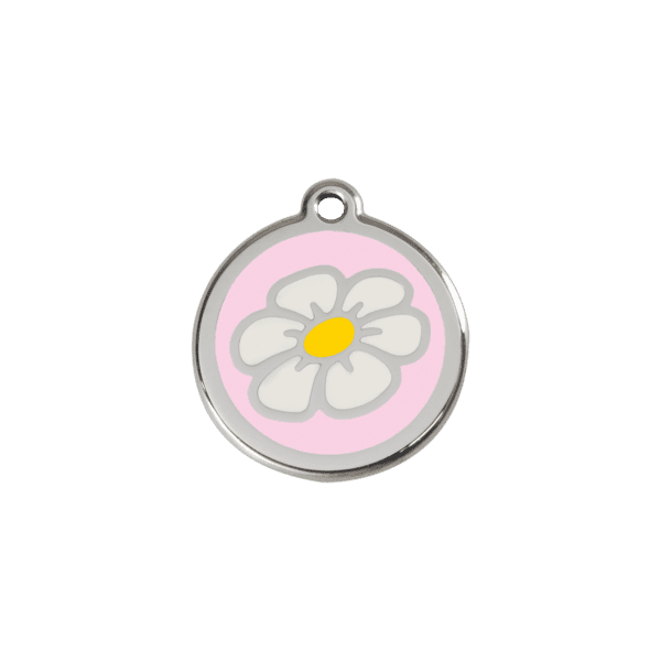 Vue avant - Médaille personnalisable Marguerite rose en émail et acier inoxydable pour chat ou petit chien - Red Dingo