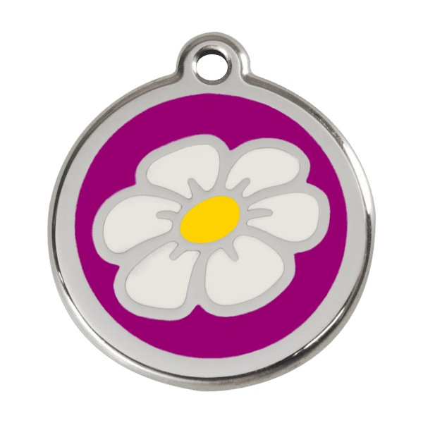 Vue avant - Médaille personnalisée pour chien Red Dingo Émail et acier inoxydable Marguerite Violet - Taille L