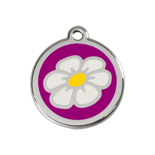 Vue avant - Médaille personnalisée pour chien ou chat - Red Dingo Émail et acier inoxydable Marguerite Violet - Taille M