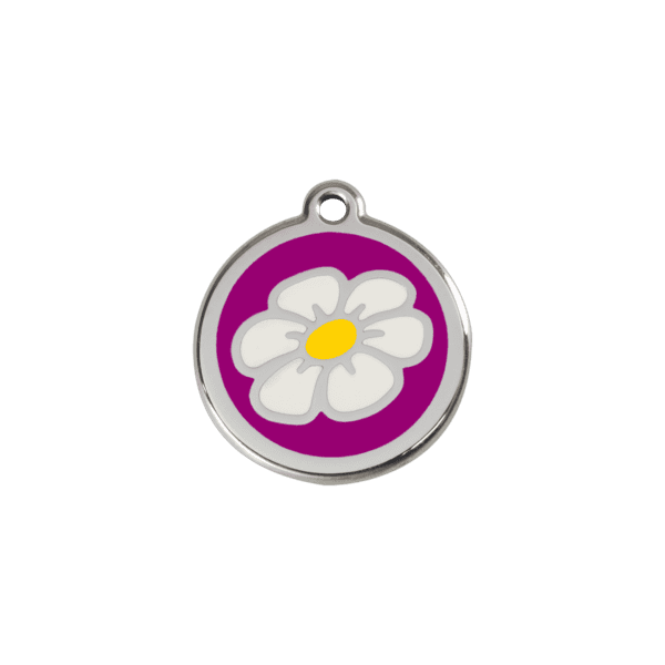 Vue avant - "Médaille personnalisée pour chat ou chien - Red Dingo Émail et acier inoxydable - Marguerite Violet - Taille S"