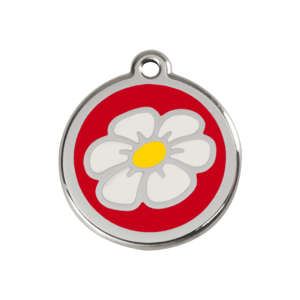 Vue avant - Médaille personnalisée pour chien ou chat - Red Dingo Émail et acier inoxydable Marguerite Rouge - Taille M