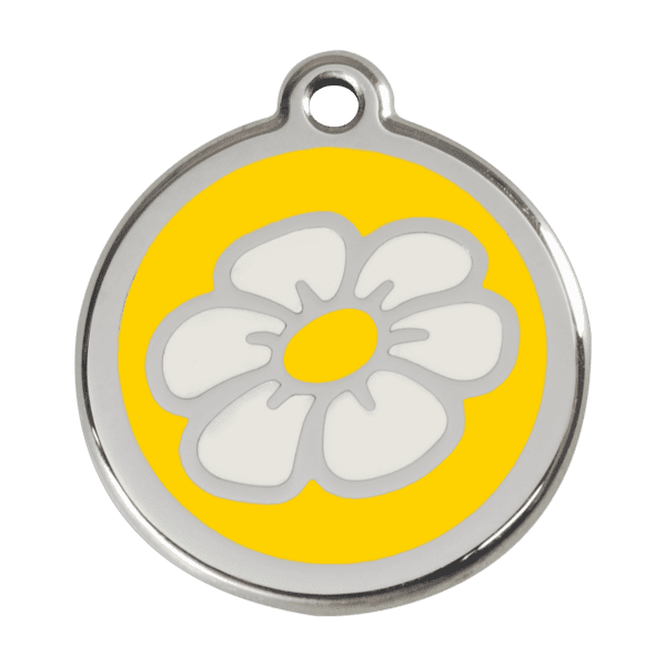 Vue avant - Médaille personnalisable Marguerite jaune en émail et acier inoxydable Red Dingo - Taille L