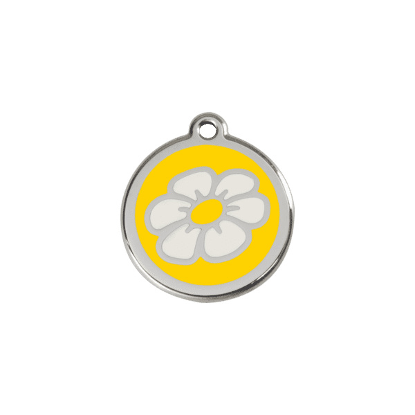 Vue avant - Médaille personnalisable pour chat ou chien - Red Dingo Émail et acier inoxydable - Marguerite Jaune - Taille S