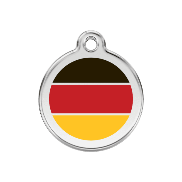 Vue avant - Médaille personnalisée pour chien Red Dingo drapeau allemand - Émail et acier inoxydable - Taille M