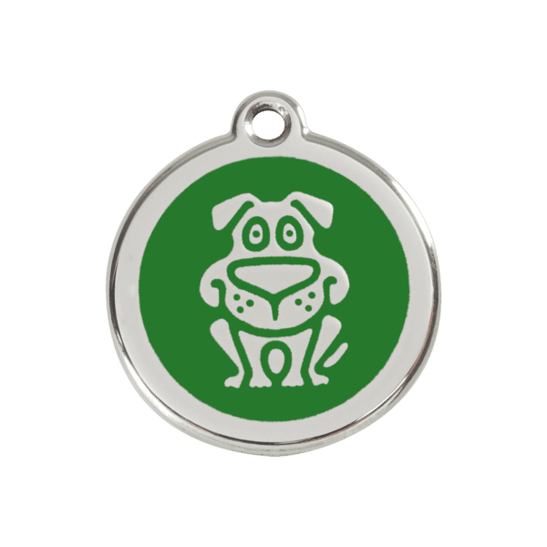 Vue avant - Médaille personnalisée pour chien Red Dingo émail et acier inoxydable vert - Taille M