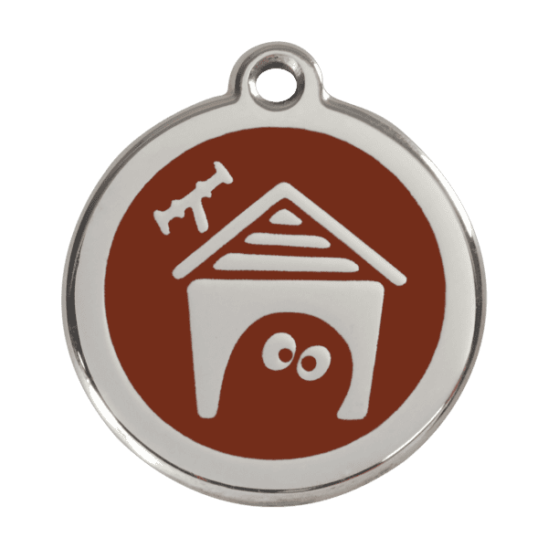 Vue avant - Médaille personnalisée pour chien Red Dingo en émail et acier inoxydable - Motif Niche - Brun - Taille L