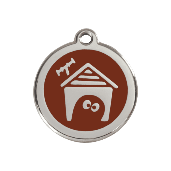 Vue avant - Médaille personnalisée pour chien Red Dingo en émail et acier inoxydable - Motif Niche - Brun - Taille M