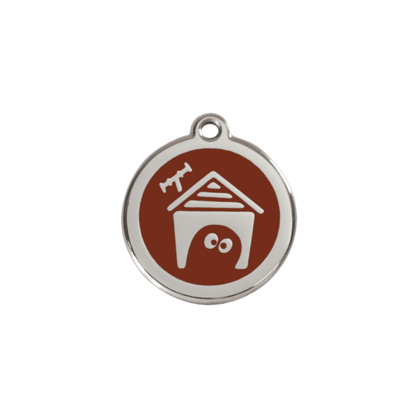 Vue avant - Médaille personnalisée pour chien/chat Red Dingo en émail et acier inoxydable - Motif Niche - Brun - Taille S