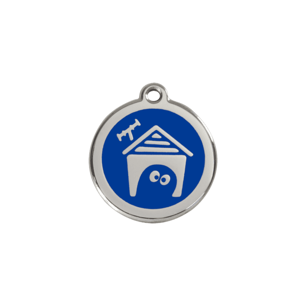 Vue avant - Médaille personnalisée pour chien/chat Red Dingo en émail et acier inoxydable - Motif Niche - Bleu foncé - Taille S