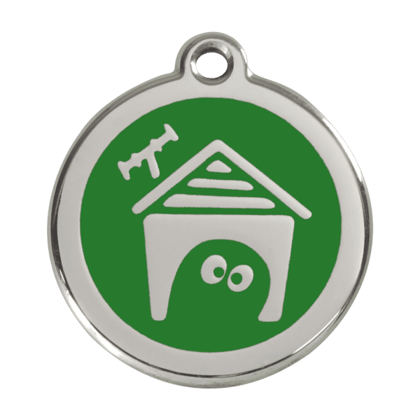 Vue avant - Médaille personnalisée pour chien Red Dingo en émail et acier inoxydable - Motif Niche - Vert - Taille L